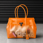 Sac à main Jelly Firkin Sunset - sac tendance en TPU transparent effet gelée orange coucher de soleil, fermoir cadenas et anses surpiquées, style bowling chic